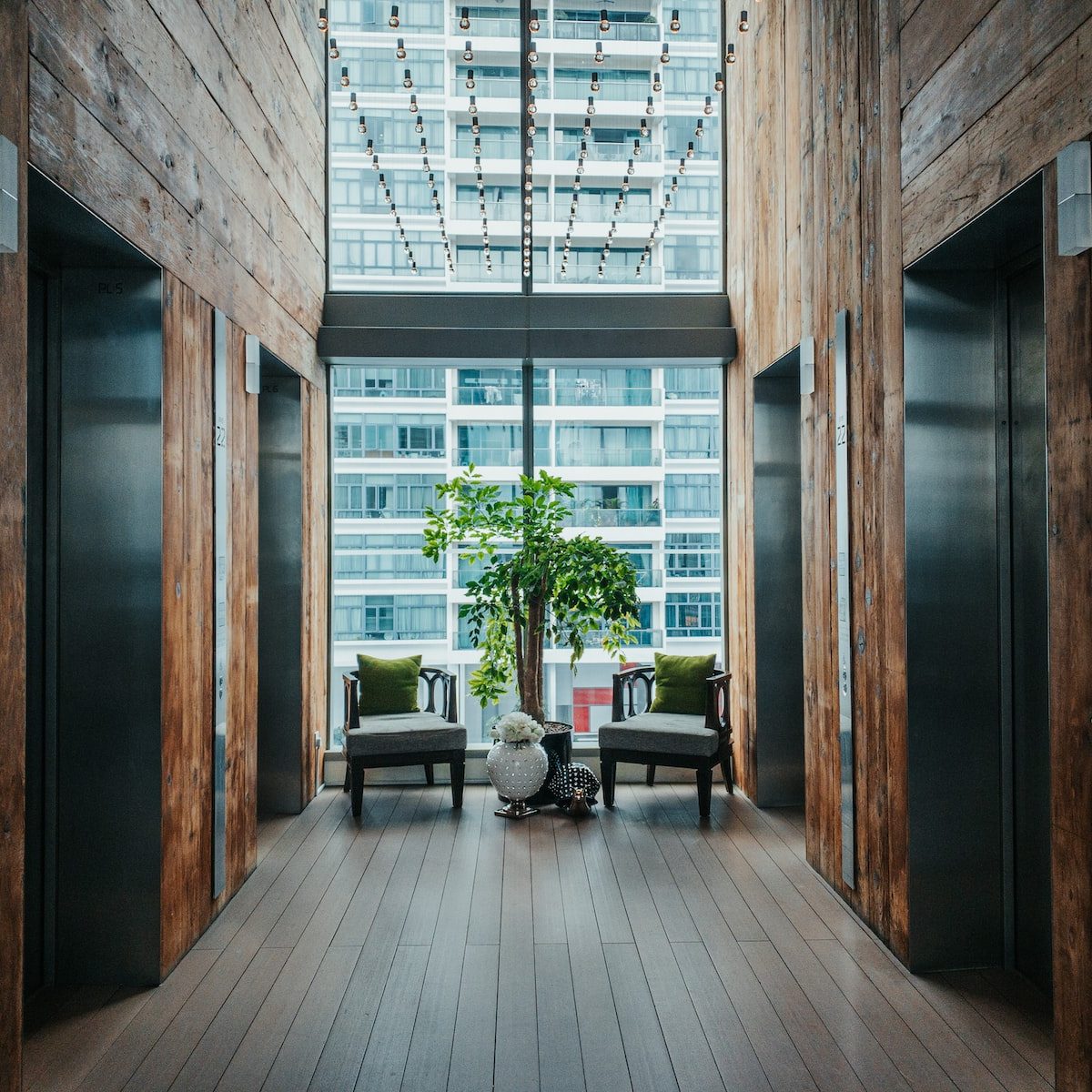 brown wooden door near green potted plant